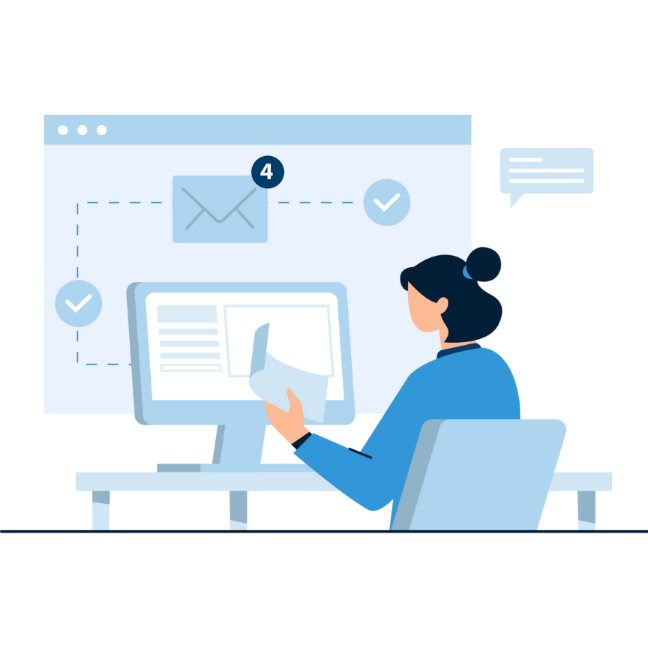 Illustration of a laptop with an envelope on screen and two people working on it